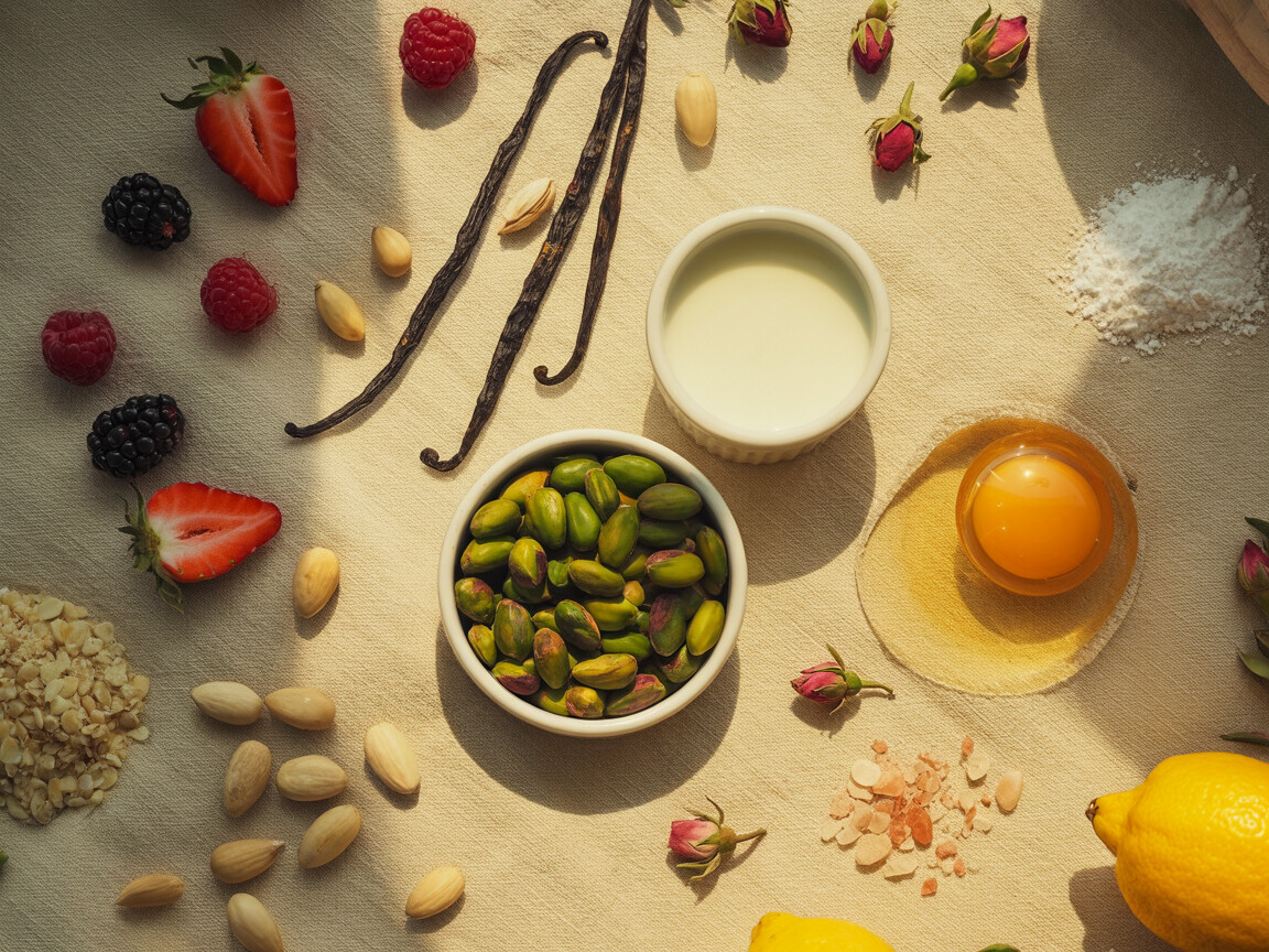 Flat-lay of raw pastry ingredients — pistachios, vanilla, butter, berries