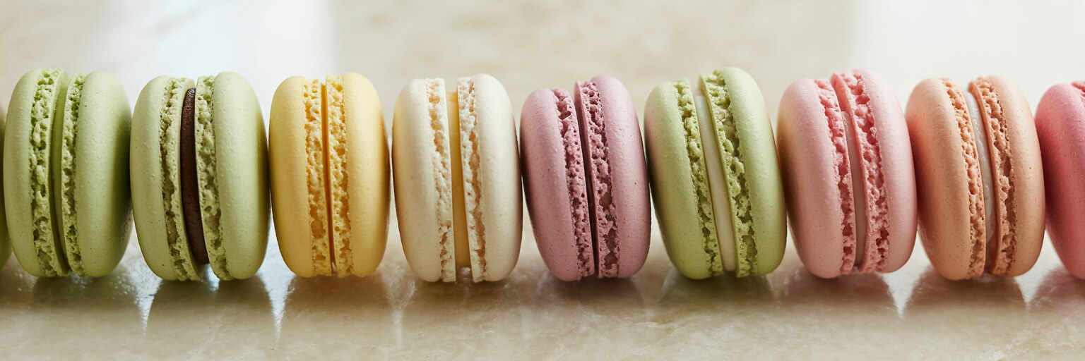 Panoramic flat-lay of pastel French macarons on cream marble